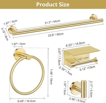TQKAG 5 Piece Bathroom Hardware Set, Brushed Gold Bathroom Accessories | SUS304 Stainless Steel, 23.6" Brushed Gold Toilet Paper Holder with Shelf, Towel Racks for Bathroom Wall Mounted, Towel Bars