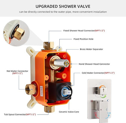 Shower Faucet Set with Tub Spout, Brushed Nickel Rainfall Shower System Complete Wall Mounted for Bathroom with 10 Inch Square Shower Head and Handheld Shower Head Rain Mixer Combo Set