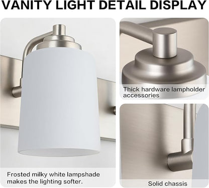 SOLFART Modern Brushed Nickel 3 Light Vanity Sconces for Bathroom, Milky Glass Globe Bathroom Light Fixtures, 3 Lights Over Mirror Wall Mount Lighting (Bulbs Not Included)