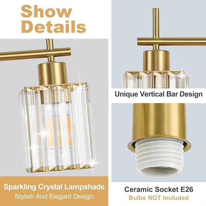 Brushed Gold Bathroom Light Fixtures, Square, 3-Light | Vanity Lights with Crystal Shades, Modern Bathroom Lighting Fixtures over Mirror (Bulbs Not Included, E26)
