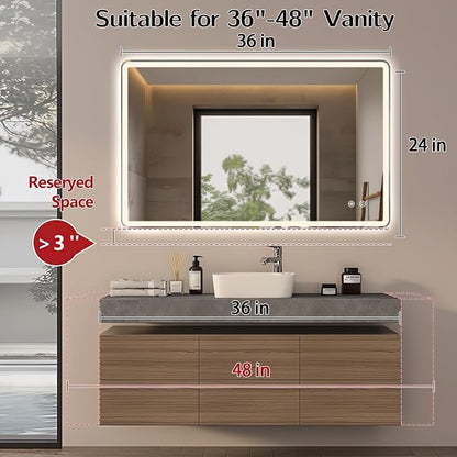 Niccy Rectangle LED Bathroom Mirrors, Vanity Mirror with Lights, 24"x36" | Frameless Lighted Mirror for Bedroom Living Room, 3 Colors & Stepless Dimmable Anti-Fog Memory Function, Horizontal/Vertical