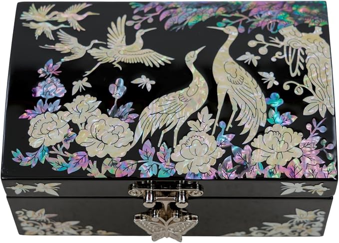 Mother of Pearl Jewelry Box – Christmas, Birthday, Valentine’s Day & Mother’s Day Gift for Women, Wedding Keepsake, Elegant Holiday Stocking Stuffer (Cranes in Bloom)