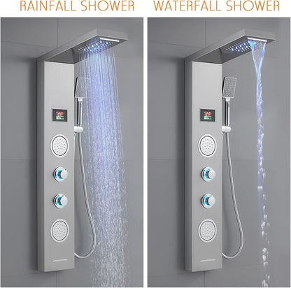ROVATE Shower Panel Tower System with LED Rainfall Waterfall Shower Head, 5-in-1 LED Stainless Steel Shower Panel System with Body Massage Jets, Handheld Shower and Tub Spout, Brushed Finish