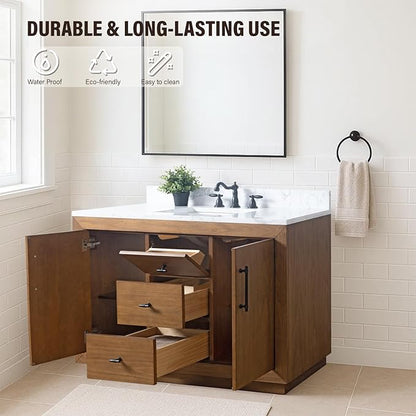 HOMEBEYOND 48" Bathroom Vanity with Single Sink & Ceramic Top, MDF Material Vanity Cabinet with Basin Combo, Soft-Closing Doors, Removable Shelf, Backsplash, Tan