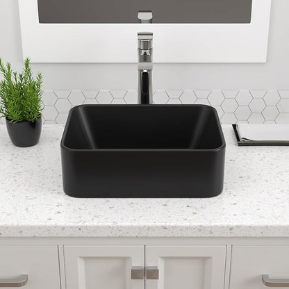 Dcolora Black Vessel Sink Rectangle 16"x12" Matte Black Bathroom Vessel Sink Rectangular Above Counter Ceramic Porcelain Lavatory Vanity Sink Bowl Basin