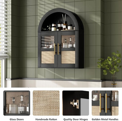 RUSTOWN Arched Bathroom Wall Cabinet with 2 Glass & Rattan Doors | Rattan Medicine Cabinet, Farmhouse Over the Toilet Storage Cabinet, Adjustable Shelves, 3-Tier Wall Mounted Cabinets