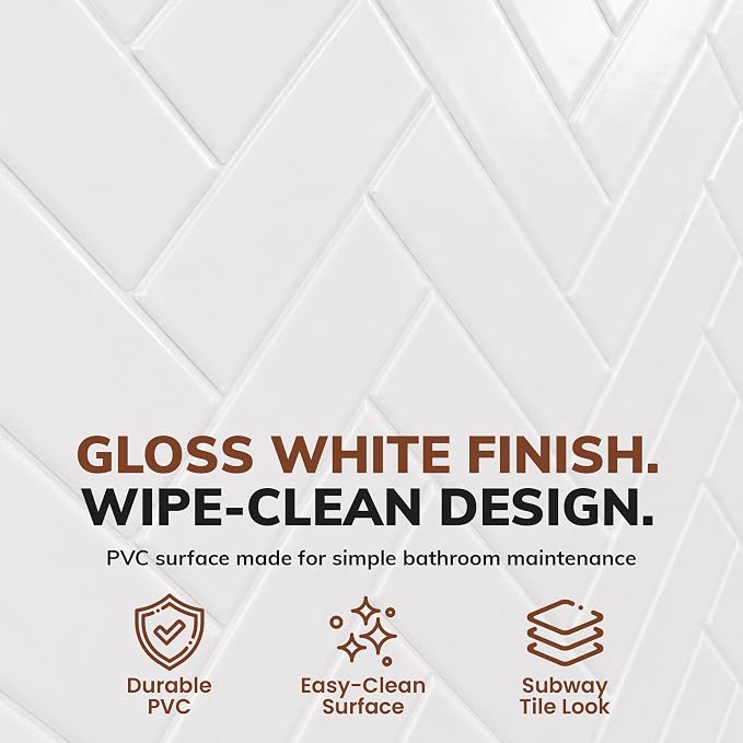 From Plain To Beautiful In Hours 133-HERR-KIT Herringbone Tile Tub and Shower Wall Panels Surround, Gloss White, 96 Square Feet