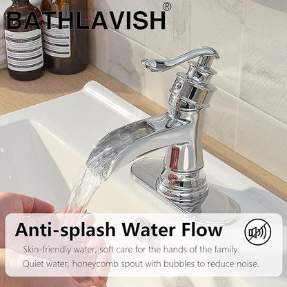Bathroom Sink Faucet Waterfall Chrome Single Handle Single Hole | 1 Hole or 3 Hole,Pop-up Drain,Deck Panel,Supply Line,Easy to Clean,Simple Installation,Rust Resistant for Long-Lasting Use