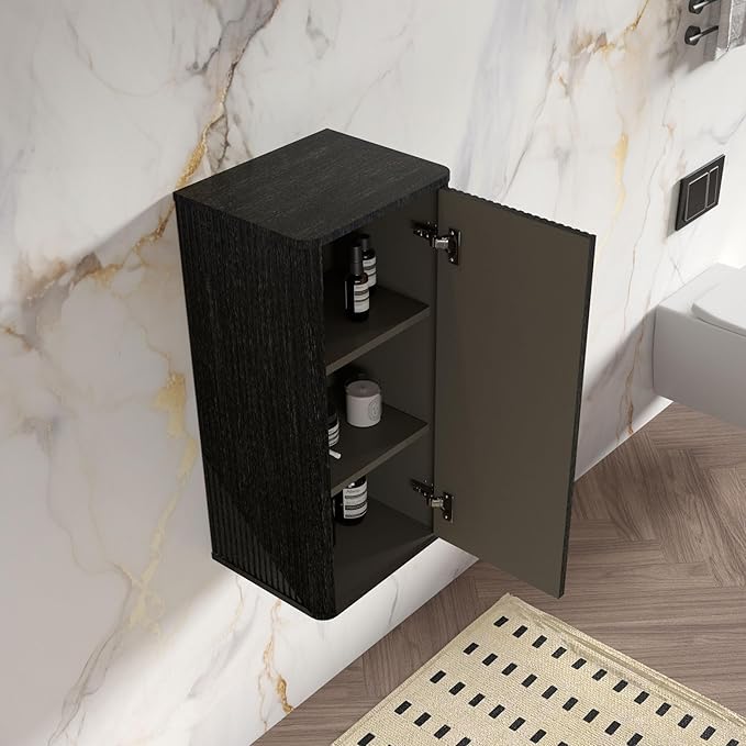 Floating Bathroom Side Cabinet, Wall Mounted Modern Storage Cabinet for Small Space, Apartment, Hotel, Brushed Black Oak, Fully Assembled - Camellia Collection