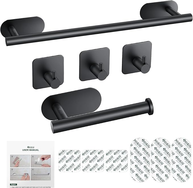 JiGiU 16-Inch Towel Bar, Self Adhesive Bath Hardware Set Bathroom Towel Holder with Toilet Paper Holder & 3 Packs Towel Hooks Stainless Steel Bathroom Hardware Accessory Kit, No Drilling-Black | Wall Mounted Towel Holder, Bathroom Accessories, Stainles...
