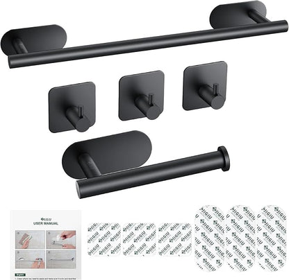JiGiU 16-Inch Towel Bar, Self Adhesive Bath Hardware Set Bathroom Towel Holder with Toilet Paper Holder & 3 Packs Towel Hooks Stainless Steel Bathroom Hardware Accessory Kit, No Drilling-Black | Wall Mounted Towel Holder, Bathroom Accessories, Stainles...