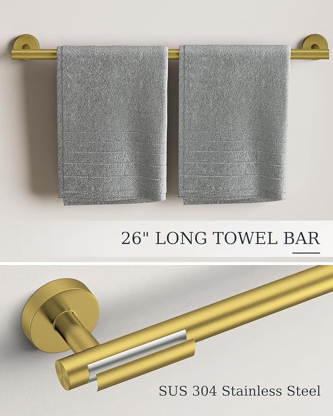 Brushed Gold Bathroom Hardware Set 10 Pieces Stainless Steel | Evolvegoods Bathroom Hardware Set, Includes 26 inch Towel Bar, 4 Towel Hook, 2 Towel Ring Toilet Paper Holder