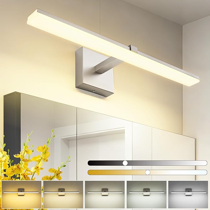 24 Inch Bathroom Light Fixtures Over Mirror Brushed Nickel Arm Design Wide LED Vanity Bar 5CCT 2900K 6000K 18W 1440lm