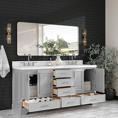 ARIEL Stafford 72-inch Bathroom Vanity with Sink,Solid Wood, 1.5-inch Carrara White Quartz Countertop & Backsplash, Double Rectangular Porcelain Sink, 4 Soft Closing Doors, 6 Dovetail Drawers, Grey