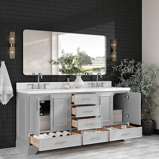 ARIEL Stafford 72-inch Bathroom Vanity with Sink,Solid Wood, 1.5-inch Carrara White Quartz Countertop & Backsplash, Double Rectangular Porcelain Sink, 4 Soft Closing Doors, 6 Dovetail Drawers, Grey