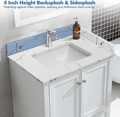 30 in.W x 22 in.D Quartz Calacatta River Vanity Top,with Undermount Middle Sink Vanity Top,with One Sidesplash & One Backsplash,Single Faucet Hole Spread Bathroom Vanity Sink Countertop