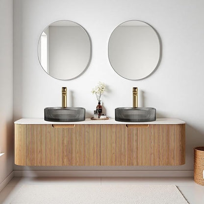 60" Bathroom Vanity with Double Sink, Floating Bathroom Vanities with Transparent Black Glass Basin and Marble Top, 2 Large Soft-Closing Storage Drawers, Pre-Assembled Cabinet, Nature Wood