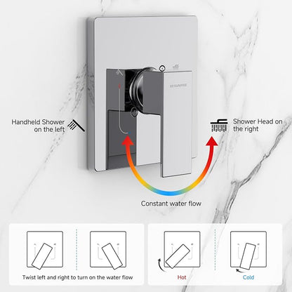SR SUN RISE Shower Faucet Set & System - 12 Inch Rainfall Shower Head & Handle Set Wall Mounted Polished Chrome Solid Brass Valve Trim Kit Included