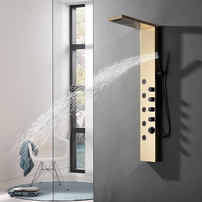 Homevacious Shower Panel Tower System with Rainfall Shower Head,5 Body Jets and Handheld Shower Head,Modern Massage Shower System Polished Gold and Black