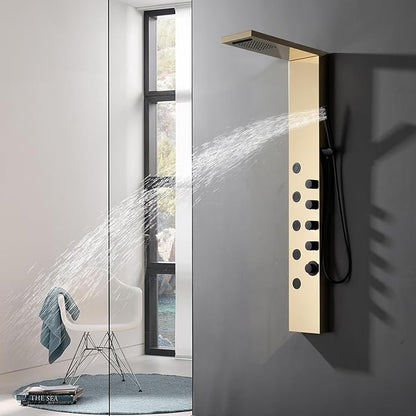 Homevacious Shower Panel Tower System with Rainfall Shower Head,5 Body Jets and Handheld Shower Head,Modern Massage Shower System Polished Gold and Black