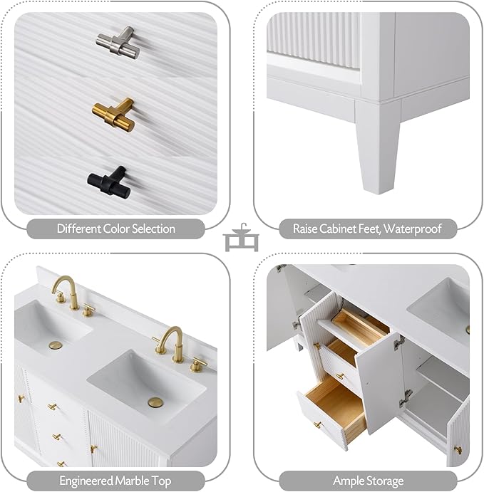 Vanity Art 60" Bathroom Vanity with Double Sink & Arabescato White Engineered Stone Top, Vanity Cabinet with Soft Closing Door, Solid Wood Frame, Golden Brushed Handles, White VA8160D-W-GB