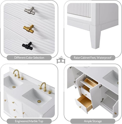 Vanity Art 60" Bathroom Vanity with Double Sink & Arabescato White Engineered Stone Top, Vanity Cabinet with Soft Closing Door, Solid Wood Frame, Golden Brushed Handles, White VA8160D-W-GB