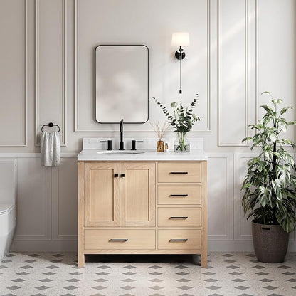 ARIEL Cambridge 42-inch Bathroom Vanity Base Cabinet,Solid Wood, 2 Soft Closing Doors, 5 Dovetail Drawers, White Oak