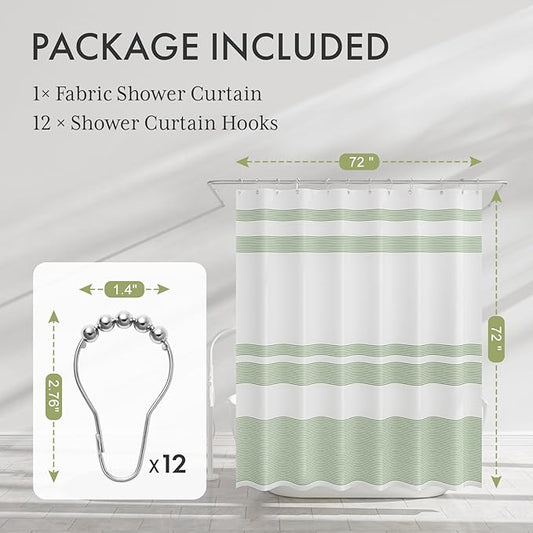 AmazerBath Shower Curtain, Washable Cloth Sage Green with 12 Shower Curtain Hooks, Fabric Green and White Striped Set, Farmhouse Bathroom Shower Curtain, 72x72 Inches