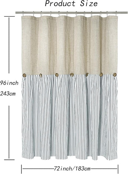 DOSLY Ides Farmhouse Shower Curtain, Beige and Blue Stripe, Button Curtain, Linen and Cotton Woven Fabric, Rustic Charm Country Chic Style, 72x96 in