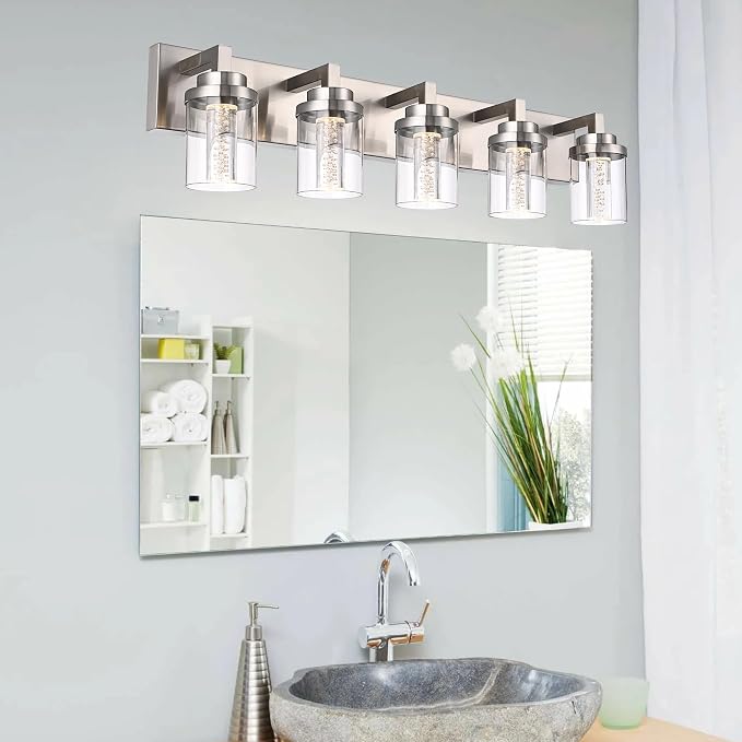 MELUCEE LED Vanity Light Bar 5-Light Bathroom Vanity Light 3000K-6000K | 25W Bath Lamps Over Mirror Brushed Nickel Bathroom Wall Lighting Fixtures with Clear Glass Shade Bubble Crystal