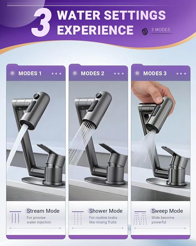 Single Handle Bathroom Faucet, 1080° Swivel Rotatable Faucet with 6'' Deck Plate, Short Bath Sink Faucets for Kitchen Rv Bath Lavatory Sink 1 or 3 Hole, Grey