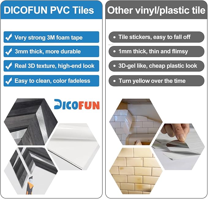 DICOFUN 10-Sheet Herringbone Peel and Stick Backsplash for Kitchen, Black & Grey Wood Look PVC Mixed Metal Chevron Stick on Backsplash Wall Tiles