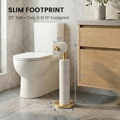 Cesun Free Standing Toilet Paper Holder Stand with Weighted Base, Gold | SUS304 Rustproof Steel | Thick Non-Slip Base | Swivel Pivot Design | Slim Footprint | Holds 5 Rolls