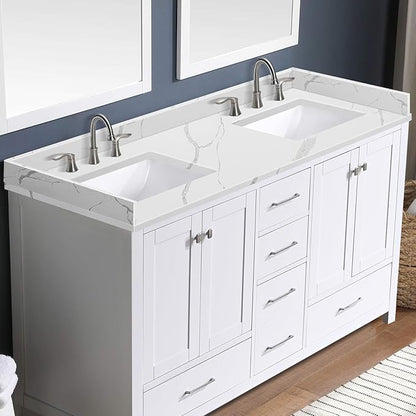 60 in.W x 22 in.D Quartz Calacatta River Vanity Top,with Undermount Double Sink Vanity Top,with Two Sidesplash & One Backsplash,8 Inch Faucet Hole Spread Bathroom Vanity Sink Countertop