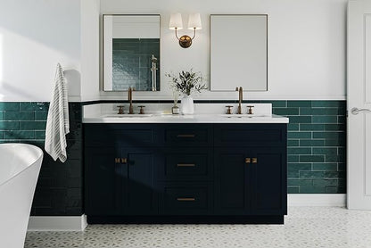 ARIEL Hamlet 66-inch Bathroom Vanity with Sink,Solid Wood, 1.5-inch Pure White Quartz Countertop, Double Rectangular Porcelain Sink, 4 Soft Closing Doors, 3 Dovetail Drawers, Midnight Blue