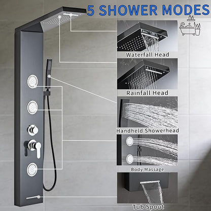 Shower Panel Tower System 5 in 1 Stainless Steel Shower Column | with Rainfall Waterfall Shower Head, Wall-Mount Rain Massage System with 3 Body Jet, Handheld, Tub Spout (Black)
