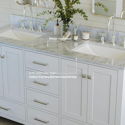 ARIEL Cambridge 60-inch Bathroom Vanity with Sink,Solid Wood, 0.75-inch Italian Carrara Marble Countertop, Double Rectangular Porcelain Sink, 4 Soft Closing Doors, 6 Dovetail Drawers, White