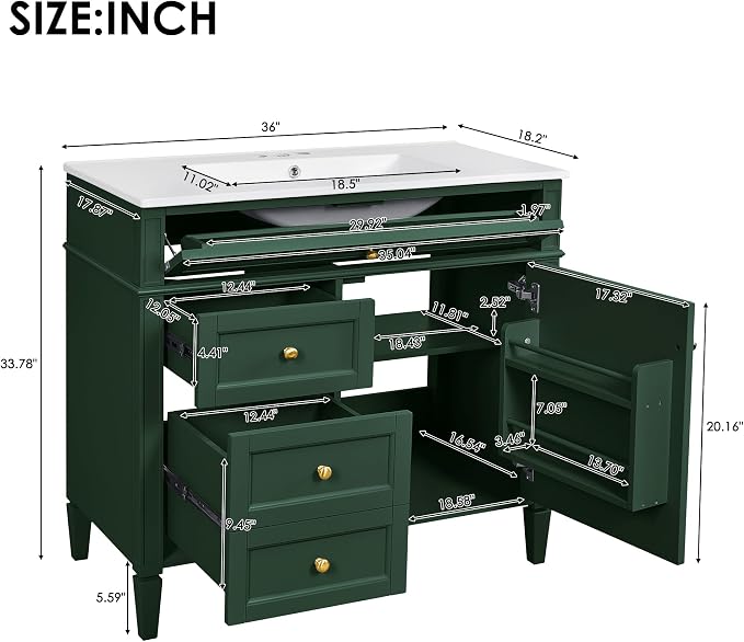 Merax 36 Inch Bathroom Vanity with Top Sink, Modern Bathroom Storage Cabinet with 2 Drawers and a Tip-Out Drawer, Solid Wood Frame Single Sink Bath Vanities, Green