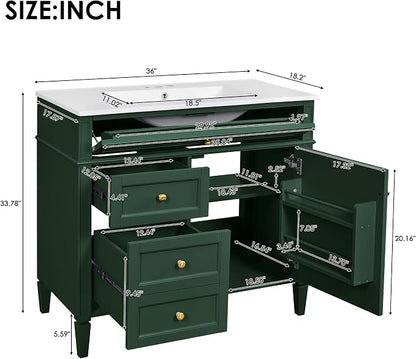 Merax 36 Inch Bathroom Vanity with Top Sink, Modern Bathroom Storage Cabinet with 2 Drawers and a Tip-Out Drawer, Solid Wood Frame Single Sink Bath Vanities, Green