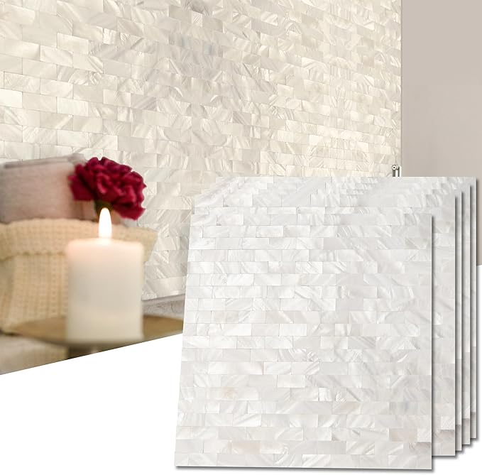 Art3d 6-Pack Peel and Stick Mother of Pearl Shell Tile for Kitchen Backsplashes, 12" x 12" White Brick