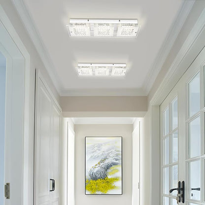 Crystal Ceiling Light Flush Mount 18 Inch Rectangular Crystal Ceiling Light Fxiture LED 4000K Dimmable Ceiling Mounted Light for Kitchen, Hallway, Bedroom, Foyer, 18W