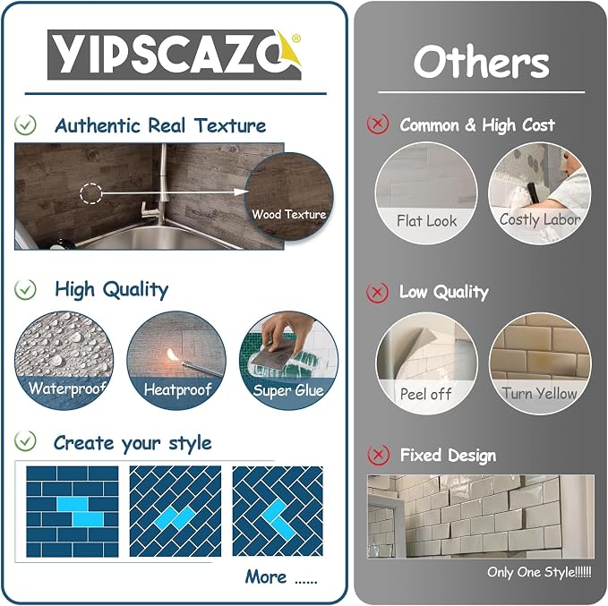 Yipscazo 2026 New Upgrade Peel and Stick backsplash 3 x 6 Inches, Backsplash Tile Peel and Stick Tile for Kitchen, Bathroom, Laundry Room, Fireplace(Brown Wood Rustic, 160 Pieces)