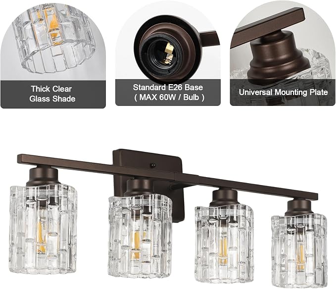 Refice 4-Light Bathroom Vanity Lights Crystal Glass, Oil Rubbed Bronze | Bathroom Light Fixtures Vanity Lighting Over Mirror for Living Room Farmhouse, Hallway