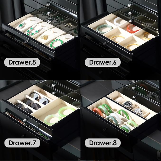 Wooden Jewelry Box Fingerprint Lockable 9-Layers Extra Large Capacity Jewelry Cabinet for Necklace/Rings/Pendants/Bracelets/Watches/Sunglasses Storage&Organizer Women Gifts (Greenwood)