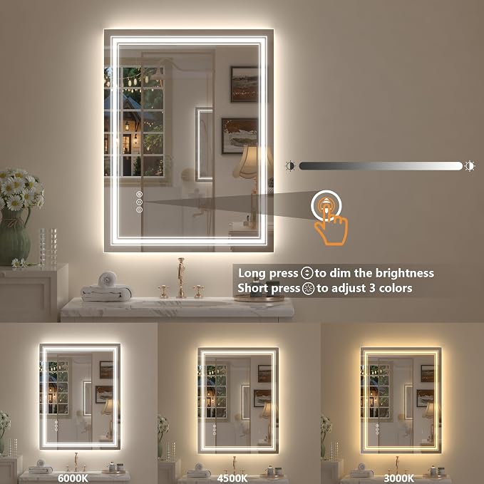 24x36 LED Bathroom Mirror with Lights | Dimmable, Backlit and Front Lighted Mirror, Anti-Fog, Shatterproof, Memory, ETL Listed (Horizontal/Vertical)