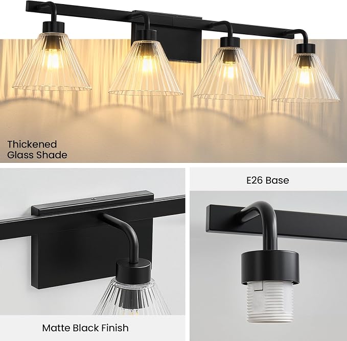 AIJIASI 4-Light Bathroom Light Fixtures 34 Inch Matte Black Vanity Lights for Bathroom with Ribbed Glass Shade Modern Bath Vanity Lighting Fixtures Wall Sconce
