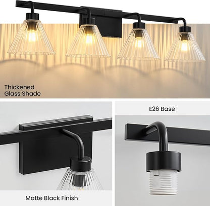 AIJIASI 4-Light Bathroom Light Fixtures 34 Inch Matte Black Vanity Lights for Bathroom with Ribbed Glass Shade Modern Bath Vanity Lighting Fixtures Wall Sconce