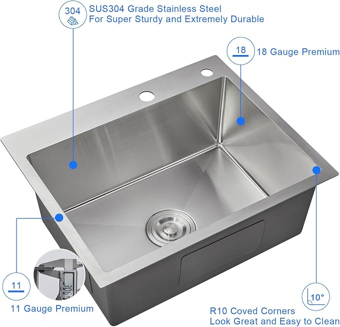 24"x18" Drop-In Kitchen Sink 304 Stainless Steel Brushed | 24 inch Sink Drop in | 304 SS | Topmount | Single Bowl | 9" Deep | Drain Kit Included | Moden Kitchen/Prep