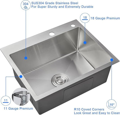 24"x18" Drop-In Kitchen Sink 304 Stainless Steel Brushed | 24 inch Sink Drop in | 304 SS | Topmount | Single Bowl | 9" Deep | Drain Kit Included | Moden Kitchen/Prep