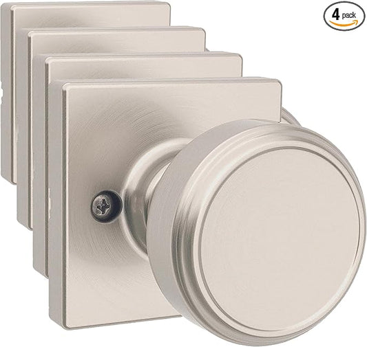 Kwikset Maven Dummy Door Knob, Single Sided Handle for Closets, French Double Doors, and Pantry, Satin Nickel Non-Turning Square Interior Push/Pull Door Knob, with Microban Protection (Pack of 4)